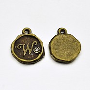 Antique Bronze Plated Alloy Rhinestone Charms, Flat Round with Letter.W, Nickel Free, 13x10x1.5mm, Hole: 1mm(ALRI-J152-W-NF)
