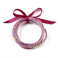 PVC Plastic Buddhist Bangle Sets, Jelly Bangles, with Paillette/Sequins and Polyester Ribbon, Purple, 2-1/2 inch(6.5cm), 5pcs/set(BJEW-T008-18D)