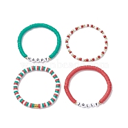 4Pcs 4 Style Polymer Clay Heishi Surfer Stretch Bracelets Set, Acrylic Word Preppy Bracelets for Christmas, Mixed Color, Inner Diameter: 2-1/8 inch(5.5cm), 1Pc/style(BJEW-TA00268)
