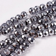 Electroplate Non-magnetic Synthetic Hematite Beads Strands, Faceted, Rondelle, Grade A, Platinum Plated, 4x3mm, Hole: 1mm, about 130pcs/strand, 16 inch(G-J160-C-01)