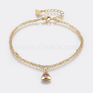 304 Stainless Steel Cable Chain Bracelets, Multi-strand Bracelets, with Rhinestone, Lobster Claw Clasps, Triangle, Golden, Light Rose, 7-1/8 inch(180mm), 1.5mm(BJEW-I243-20G-B)