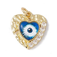Brass Micro Pave Clear Cubic Zirconia Pendants, with Resin and Jump Rings, Lead Free & Cadmium Free, Heart with Eye, Real 18K Gold Plated, Royal Blue, 20.5x19x4.5mm, Hole: 4mm(KK-I692-02G-03)