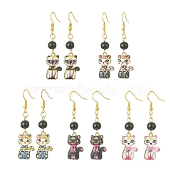 5 Pair 5 Style Rack Plating Alloy Cat Shape Dangle Earrings, with Acrylic Beaded, Mixed Color, 56x14.5mm, 1 Pair/style(EJEW-JE05446)