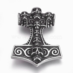 304 Stainless Steel Pendants, Thor's Hammer, Antique Silver, 42x35x13mm, Hole: 5.5mm(STAS-O101-32AS)