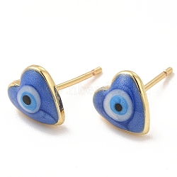 Enamel Heart with Evil Eye Stud Earrings, Real 18K Gold Plated Brass Jewelry for Women, Blue, 8x8mm, Pin: 0.7mm(EJEW-E274-02G-06)