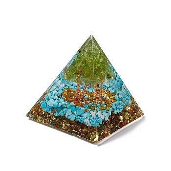 Orgonite Pyramid Resin Display Decorations, with Gold Foil and Synthetic Turquoise Chips Inside, for Home Office Desk, 50x50x51.5mm