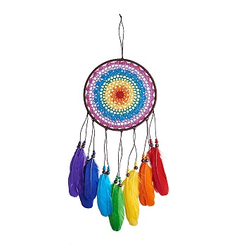 Indian Style Woven Net/Web with Feather Pendant Decoration, Flat Round, Colorful, 550~600mm