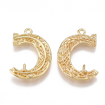 Brass Filigree Peg Bails Pendants, For Half Drilled Beads, Letter C/Moon, Real 18K Gold Plated, 22.5x15.5x3mm, Hole: 1.5mm, Pin: 0.8mm