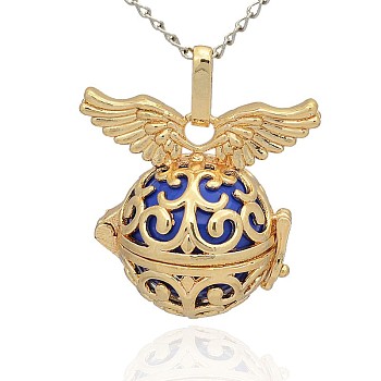 Golden Tone Brass Hollow Round Cage Pendants, with No Hole Spray Painted Brass Round Beads, Blue, 31x30x21mm, Hole: 3x8mm