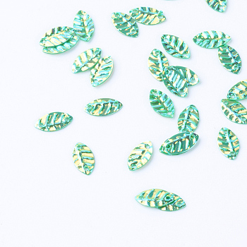 Plastic Paillette Links, Sequins Beads, Leaf, Green, 8.5x4.5x0.5mm, Hole: 1mm, about 3000pcs/50g