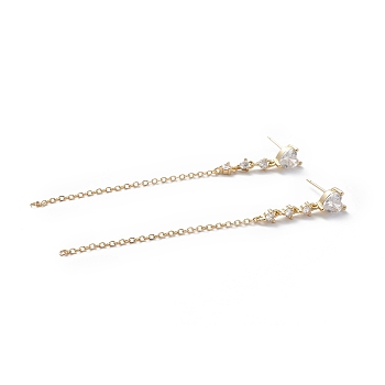 Clear Cubic Zirconia Heart Dangle Stud Earrings, Brass Chain Tassel Long Drop Earrings for Women, Cadmium Free & Lead Free, Real 18K Gold Plated, 81x6mm, Pin: 0.7mm