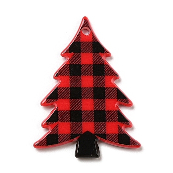 Christmas Theme Acrylic Pendants, Christmas Tree, Tartan, Red, 38.5x28x2.5mm, Hole: 1.6mm