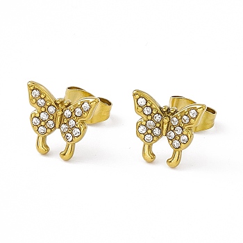 Crystal Rhinestone Butterfly Stud Earrings, Vacuum Plating 304 Stainless Steel Jewelry for Women, Golden, 9x10mm, Pin: 0.8mm
