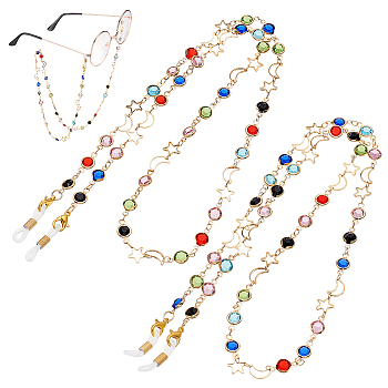 2Pcs 2 Color Brass Moon & Star & Glass Flat Round Link Chain Eyeglasses Chains, Neck Strap for Eyeglasses, Mixed Color, 700mm, 1Pc/color