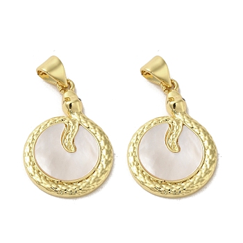 Brass Pave Shell Pendants, Flat Round Charms with Snake, Real 18K Gold Plated, 24x16.5x2.5mm, Hole: 3.5x4mm