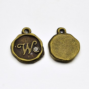 Antique Bronze Plated Alloy Rhinestone Charms, Flat Round with Letter.W, Nickel Free, 13x10x1.5mm, Hole: 1mm