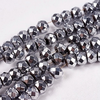 Electroplate Non-magnetic Synthetic Hematite Beads Strands, Faceted, Rondelle, Grade A, Platinum Plated, 4x3mm, Hole: 1mm, about 130pcs/strand, 16 inch
