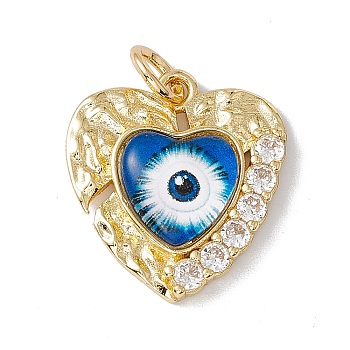 Brass Micro Pave Clear Cubic Zirconia Pendants, with Resin and Jump Rings, Lead Free & Cadmium Free, Heart with Eye, Real 18K Gold Plated, Royal Blue, 20.5x19x4.5mm, Hole: 4mm