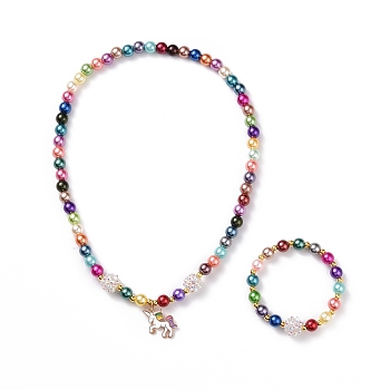 Unicorn Theme Bracelets & Necklaces Sets for Kids, Acrylic Beaded Stretch Bracelets & Alloy Enamel Pendant Necklaces, Mixed Color, Necklace: 17.32 inch(44cm), Bracelet: 1-3/4 inch(4.4cm)