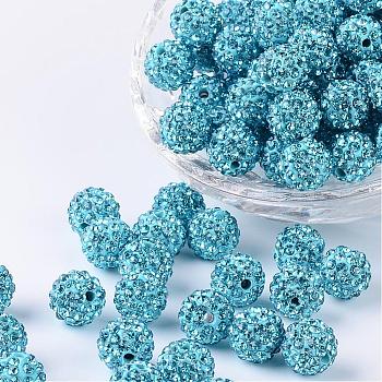 Pave Disco Ball Beads, Polymer Clay Rhinestone Beads, Grade A, Round, Aquamarine, PP14(2~2.1mm), 10mm, Hole: 1.0~1.2mm