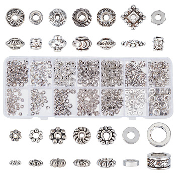Elite 420Pcs 14 Styles Tibetan Style Spacer Beads, Donut & Square & Daisy, Mixed Shapes, Antique Silver, 4.5~8x1.5~6.3mm, Hole: 1~5mm, 30pcs/style