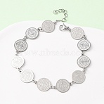 Religion 304 Stainless Steel Link Chain Bracelets for Women, Flat Round with Saint, Stainless Steel Color, 8 inch(20.4cm)(BJEW-F524-01P)