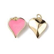 Eco-Friendly Rack Plating Brass Enamel Pendants, Lead Free & Cadmium Free, Long-Lasting Plated, Heart Charm, Real 18K Gold Plated, Hot Pink, 16.5x14x5mm, Hole: 3.5mm(KK-F848-02G-04)