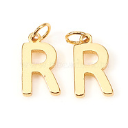 Brass Charms, with Jump Rings, Letter, Real 18K Gold Plated, Letter.R, R: 10x5.5x1mm, Hole: 2.5mm(KK-I672-01R-G)