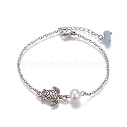 Stainless Steel Link Bracelets, with Pearl Beads, Natural Aquamarine Beads and Alloy Findings, Sea Turtle, Antique Silver & Stainless Steel Color, 7-3/8 inch(18.7cm), 2mm(BJEW-JB04150)