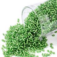 TOHO Round Seed Beads, Japanese Seed Beads, (27F) Silver Lined Frost Peridot, 15/0, 1.5mm, Hole: 0.7mm, about 3000pcs/bottle, 10g/bottle(SEED-JPTR15-0027F)