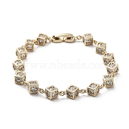 Cube Brass Link Chain Bracelet with Clear Cubic Zirconia, Long-Lasting Plated, Golden, 6-7/8 inch(17.5cm)(BJEW-G690-01G)