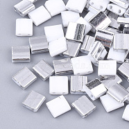 Electroplate Opaque Glass Seed Beads, 2-Hole, Rectangle, Silver Plated, White, 5x4.5~5.5x2~2.5mm, Hole: 0.5~0.8mm(SEED-S023-18C-01D)