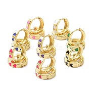 Brass Enamel Hoop Earrings, Real 18K Gold Plated, Ring with Heart, Cadmium Free & Lead Free, Mixed Color, 12.5x13.5x3.5mm, Pin: 1mm(KK-P205-18G)