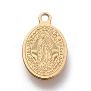 Ion Plating(IP) 304 Stainless Steel Charms, Laser Cut, Oval, Miraculous Medal, Golden, 14.5x9x0.5mm, Hole: 1.2mm(STAS-M228-E01-G)
