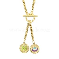 Ion Plating(IP) 304 Stainless Steel Green Yellow Enamel Letter & Eye Pendant Wheat Chain Necklaces, with Toggle Clasps, Golden, Letter N, 20.47~20.87 inch(52~53cm)(STAS-Z102-01G-N)