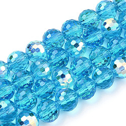 Transparent Electroplate Glass Bead Strands, AB Color Plated, Faceted(96 Facets), Round, Deep Sky Blue, 8mm, Hole: 1.4mm, about 70pcs/strand, 19.88 inch~20.67 inch(50.5~52.5cm)(EGLA-TAC0003-04A)