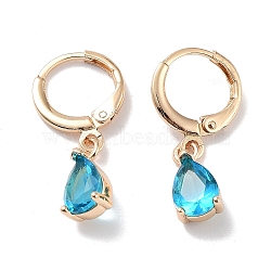 Real 18K Gold Plated Brass Dangle Hoop Earrings, with Glass, Teardrop, Deep Sky Blue, 26x6mm(EJEW-L269-045G-01)