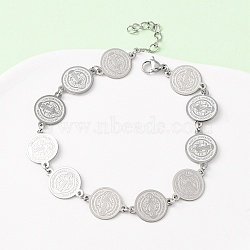 Religion 304 Stainless Steel Link Chain Bracelets for Women, Flat Round with Saint, Stainless Steel Color, 8 inch(20.4cm)(BJEW-F524-01P)