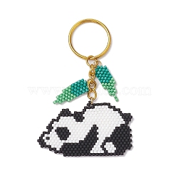 Glass Seed Beads Keychain, with Iron Split Key Rings, Panda, Golden, 8.3cm(KEYC-MZ00003)