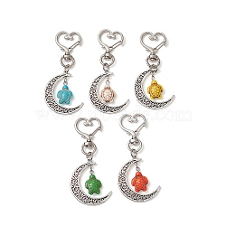 Moon Tibetan Style Alloy Pendant Decorations, with Dyed Synthetic Turquoise and Alloy Swivel Lobster Clasps, Sea Turtle, Mixed Color, 77mm(HJEW-JM01052)