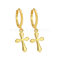 Fashionable S925 Sterling Silver Cross Hoop Earrings, with Simple and High-end Design, Golden, 26x9x11mm(BO1678-1)