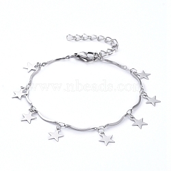 Star 304 Stainless Steel Charm Bracelets, with Scalloped Bar Link Chains and Lobster Claw Clasps, Stainless Steel Color, 7-1/8 inch(18cm)(X-BJEW-JB05219)
