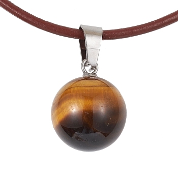 Natural Tiger Eye Round Pendant Necklaces, with Cowhide
 Ropes, 20.47 inch(52cm)