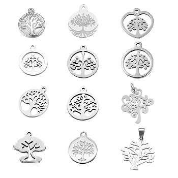 304 Stainless Steel Pendants, Flat Round with Tree of Life & Tree of Life, Stainless Steel Color, 12pcs/set