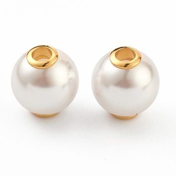Plastic Imitation Pearl Beads, with Golden Plated 304 Stainless Steel Cores, Round, White, 16x17mm, Hole: 3.5mm