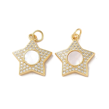 Brass Micro Pave Cubic Zirconia Pendants, with Shell and Jump Ring, Real 18K Gold Plated, Star, 19x17x4mm, Hole: 3mm