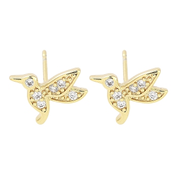 Brass Pave Clear Cubic Zirconia Stud Earring, Bird, Real 18K Gold Plated, 9x10mm