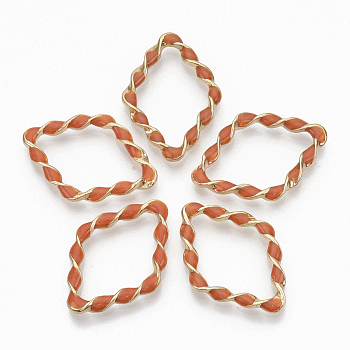 Eco-Friendly Alloy Linking Rings, with Enamel, Twist Rhombus, Light Gold, Coral, 36x25.5x4mm, Diagonal Length: 36mm, Side Length: 24mm