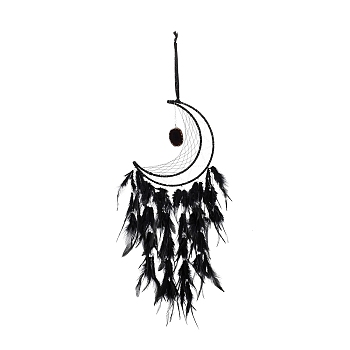 Moon Woven Net/Web with Feather Pendant Decoration, Druzy Agate Charm Hanging Wall Decoration, for Home Bedroom Car Ornaments Birthday Gift, Black, 810mm