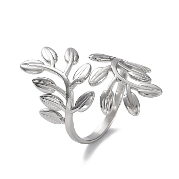 304 Stainless Steel Rings, Open Cuff Ring, Leaf Wide Band Ring for Women, Stainless Steel Color, 2mm, Inner Diameter: 17mm